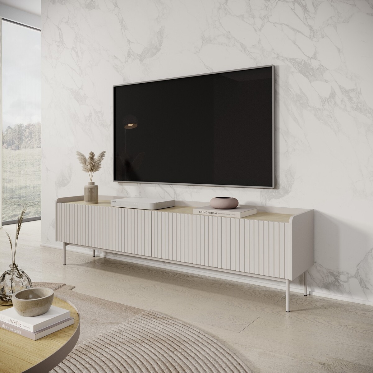 Moderner Lowboard TV-Schrank, 2 Klapptüren, beige, 153x50x38, Bitter Aktion Moderner Lowboard TV-Schrank, 2 Klapptüren, beige, 153x50x38, Bitter Aktion