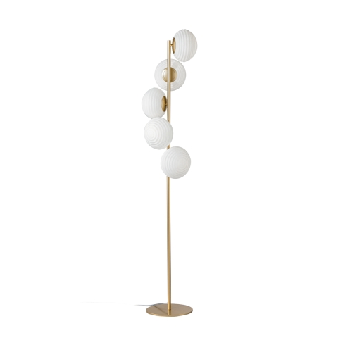 Stehlampe aus goldfarbenem Metall mit 5 weißen mundgeblasenen Glaslichtern Ripple Aktion