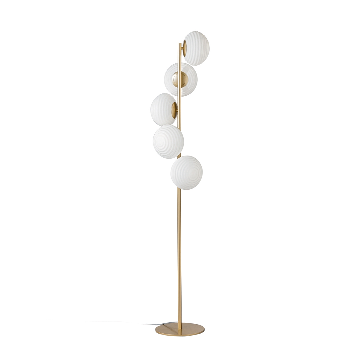 Stehlampe aus goldfarbenem Metall mit 5 weißen mundgeblasenen Glaslichtern Ripple Aktion