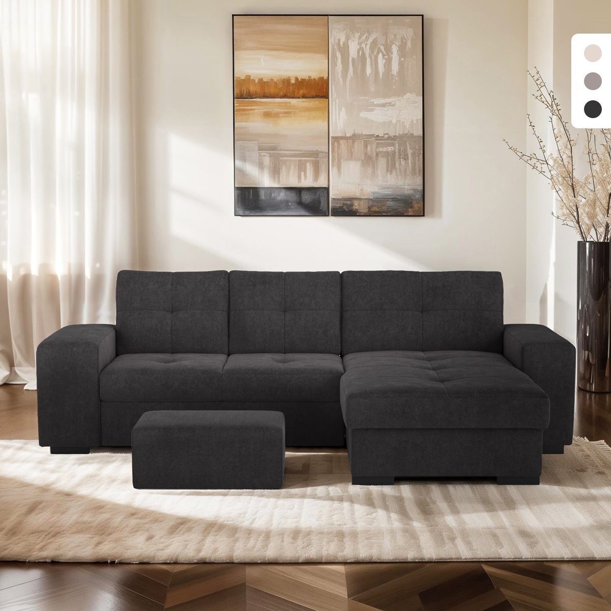 Moderner 3-Sitzer-Ecksofa mit rechter Ottomane und Hocker Vilo Aktion Moderner 3-Sitzer-Ecksofa mit rechter Ottomane und Hocker Vilo Aktion