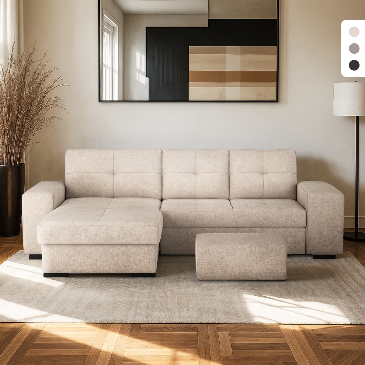 Moderner 3-Sitzer Ecksofa mit linker Ottomane und Pouf Navi Aktion Moderner 3-Sitzer Ecksofa mit linker Ottomane und Pouf Navi Aktion