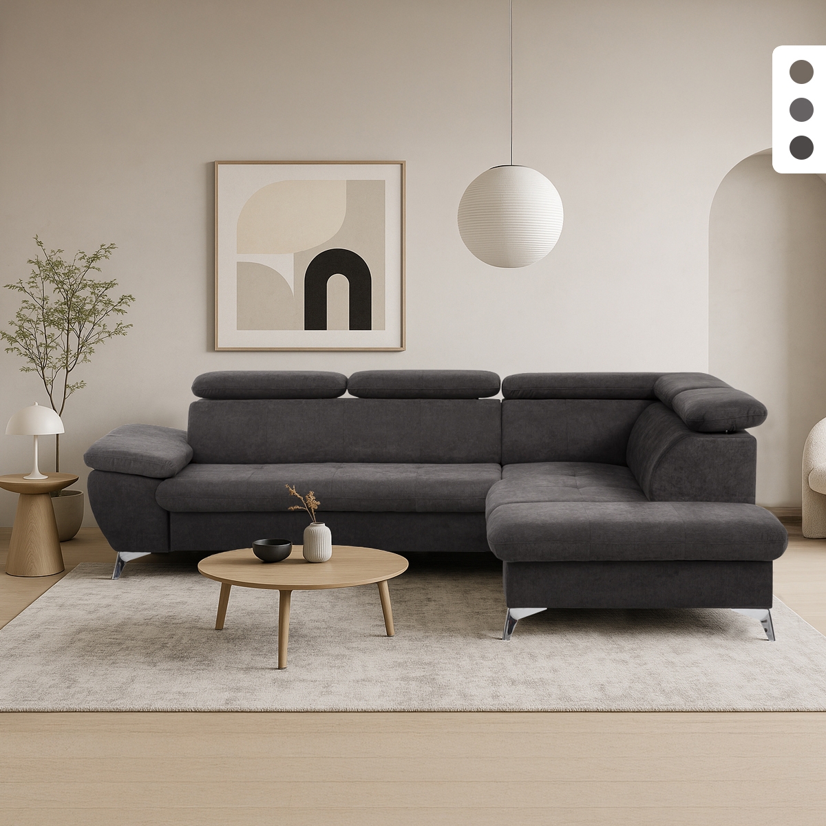 Verstellbares 3-Sitzer Schlafsofa mit rechter Ottomane und Stauraum Tova Aktion Verstellbares 3-Sitzer Schlafsofa mit rechter Ottomane und Stauraum Tova Aktion