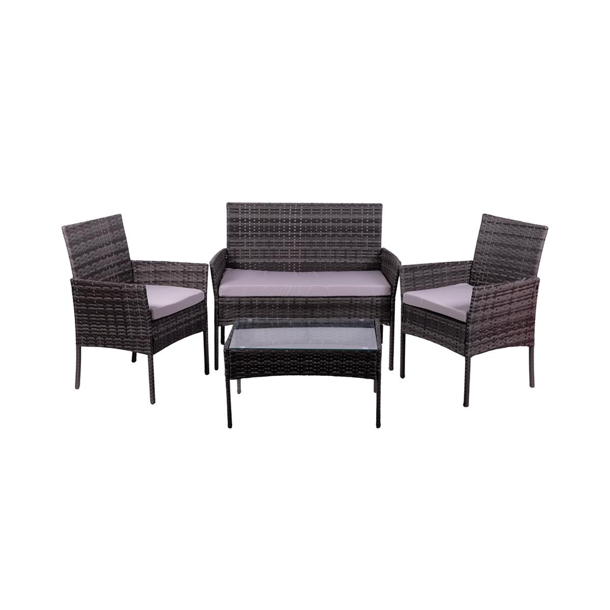 Rattan-Gartenlounge Set Rodi: 2-Sitzer Sofa, 2 Sessel, Tisch mit Glasplatte Aktion Rattan-Gartenlounge Set Rodi: 2-Sitzer Sofa, 2 Sessel, Tisch mit Glasplatte Aktion