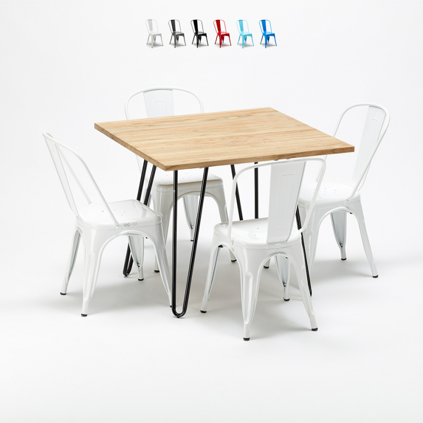 quadratischer tisch und stühle aus metall und holz industrielle garnitur im stil tribeca Lagerbestand