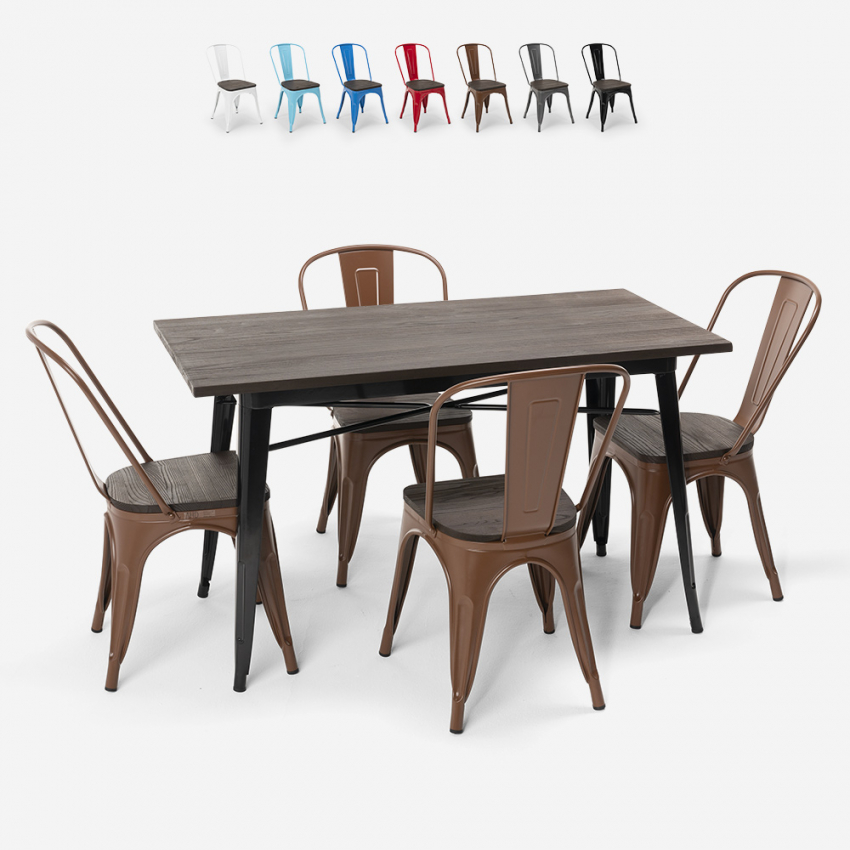 rechteckiges tischset 120 x 60 mit 4 stühlen im industriellen-stil aus stahl und holz ralph Verkauf
