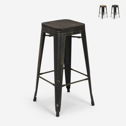 Design Hocker aus Metall und Holz 78cm hoch im industriellen Stil Tolix für Bar Küchen Brush Up Aktion