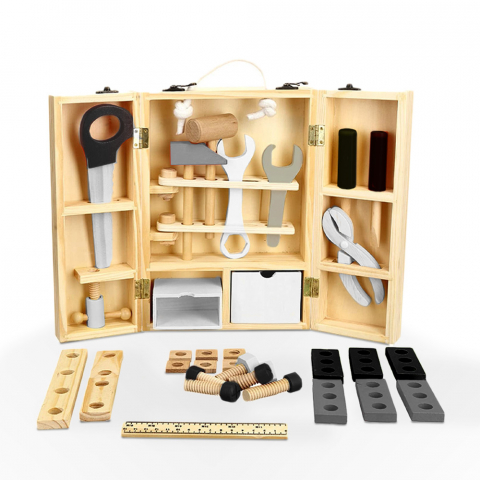 Kinderspielzeug-Werkzeugkasten mit Holzutensilien Mr Fix
