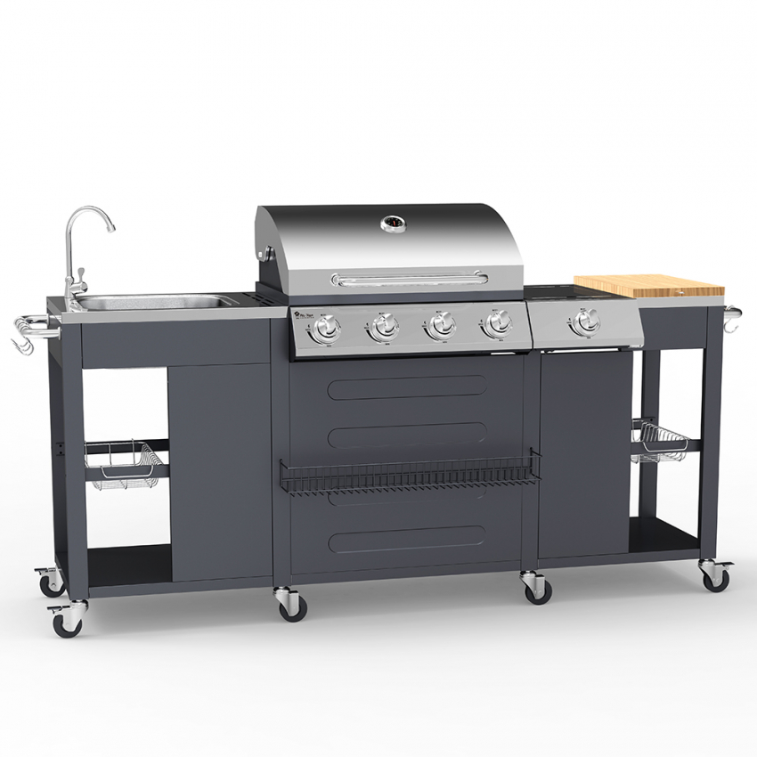 Edelstahl-Gasgrill BBQ 4+1 Brenner mit Spüle und Regalen Tartara Aktion Edelstahl-Gasgrill BBQ 4+1 Brenner mit Spüle und Regalen Tartara Aktion