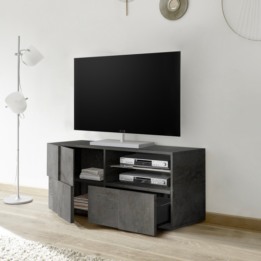Moderner schwarzer TV-Ständer mit Fach, Tür und Schublade Petite Ox Dama Aktion Moderner schwarzer TV-Ständer mit Fach, Tür und Schublade Petite Ox Dama Aktion