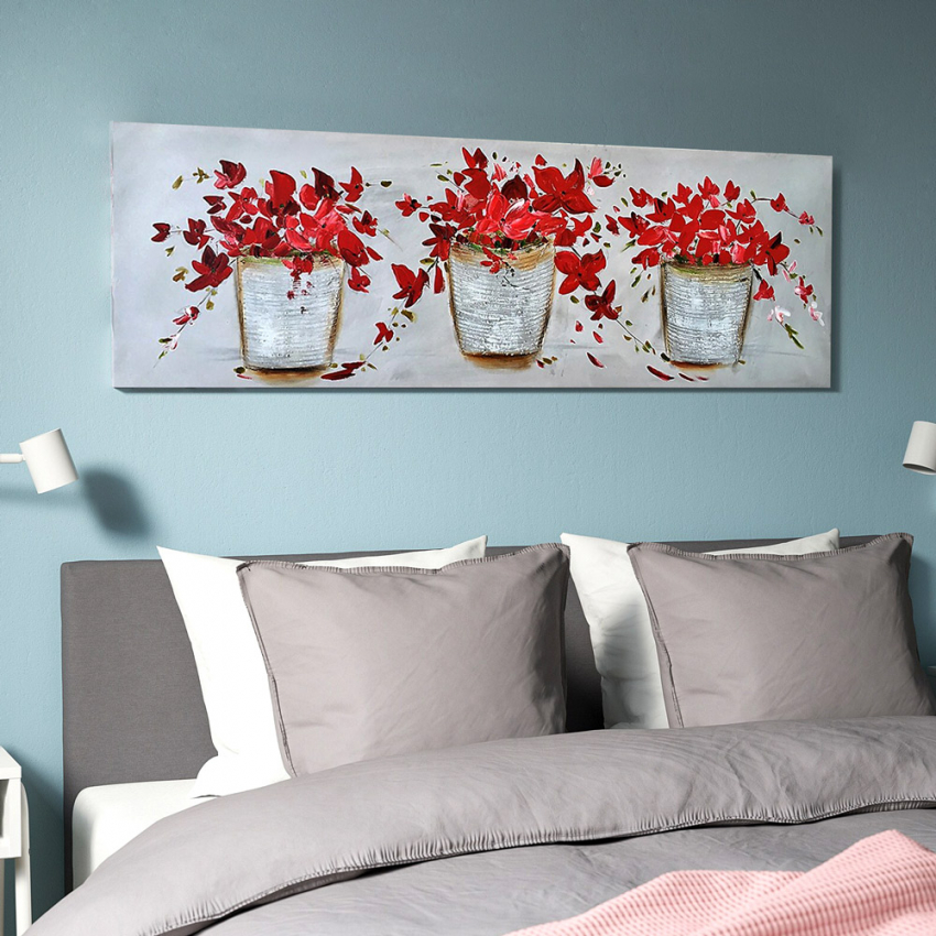 Handgemaltes Vintage-Gemälde auf Leinwand mit Blumenmotiv 140x45 cm Three Vases Aktion Handgemaltes Vintage-Gemälde auf Leinwand mit Blumenmotiv 140x45 cm Three Vases Aktion