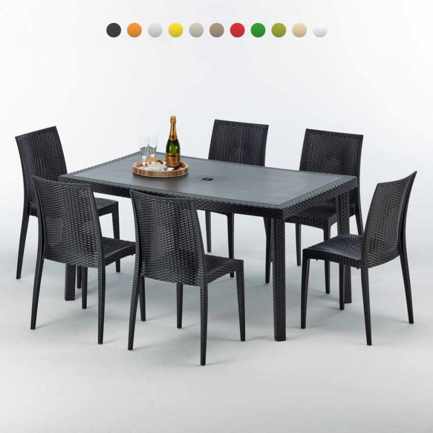 Poly Rattan Tisch Rechteckig mit 6 Bunten Polyrattan Stühlen 150x90 Schwarz Aktion