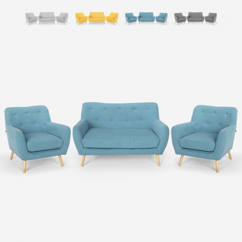 Wohnzimmer-Set 2 Sessel im skandinavischen Design und 2-Sitzer-Sofa aus Holz und Stoff Cleis