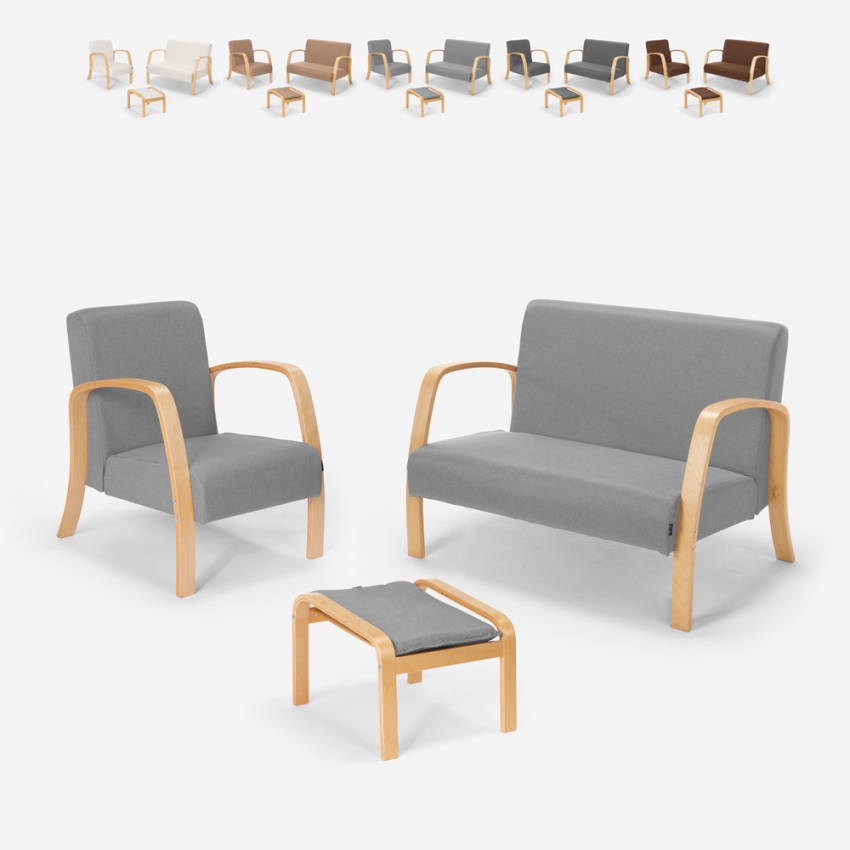 Skandinavisches Sofa Sessel Fußhocker Set Holz Stoff Gyda Verkauf