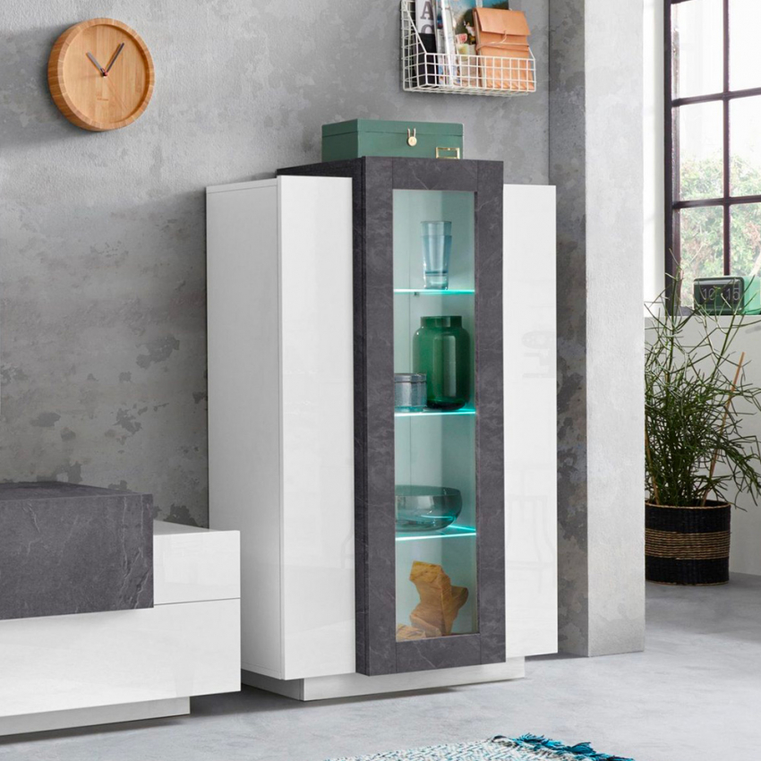 Design Wohnzimmervitrine in Schiefer und Hochglanz Weiß Corona Aktion Design Wohnzimmervitrine in Schiefer und Hochglanz Weiß Corona Aktion