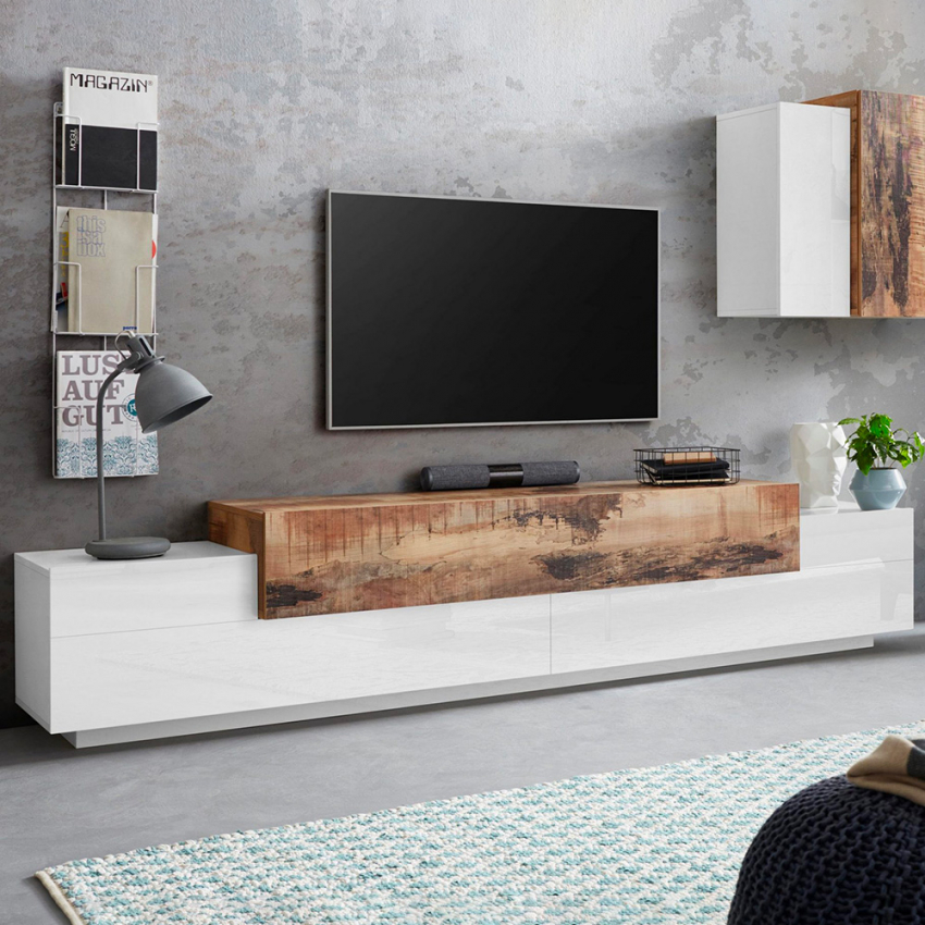 Moderner TV-Schrank 240cm, 4 Fächer, 3 Türen, Weiß-Holz, Corona Low Maple Aktion Moderner TV-Schrank 240cm, 4 Fächer, 3 Türen, Weiß-Holz, Corona Low Maple Aktion