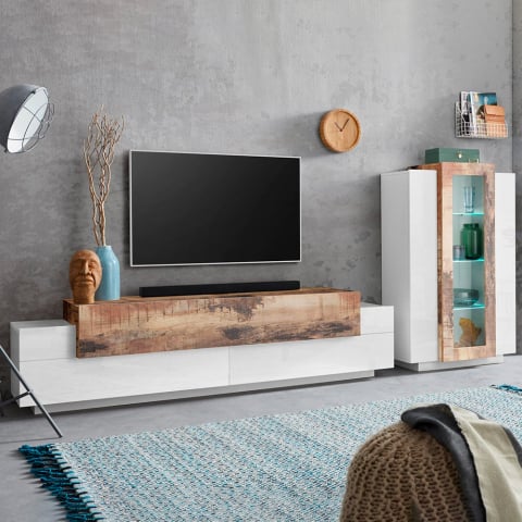 Moderne Wohnwand, TV-Schrank und Vitrine in Weiß und Holz Corona Aktion