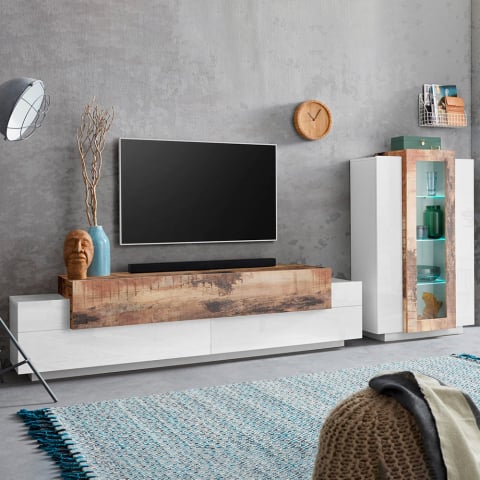 Wandregal mit TV-Schrank und weißer Holzvitrine Corona