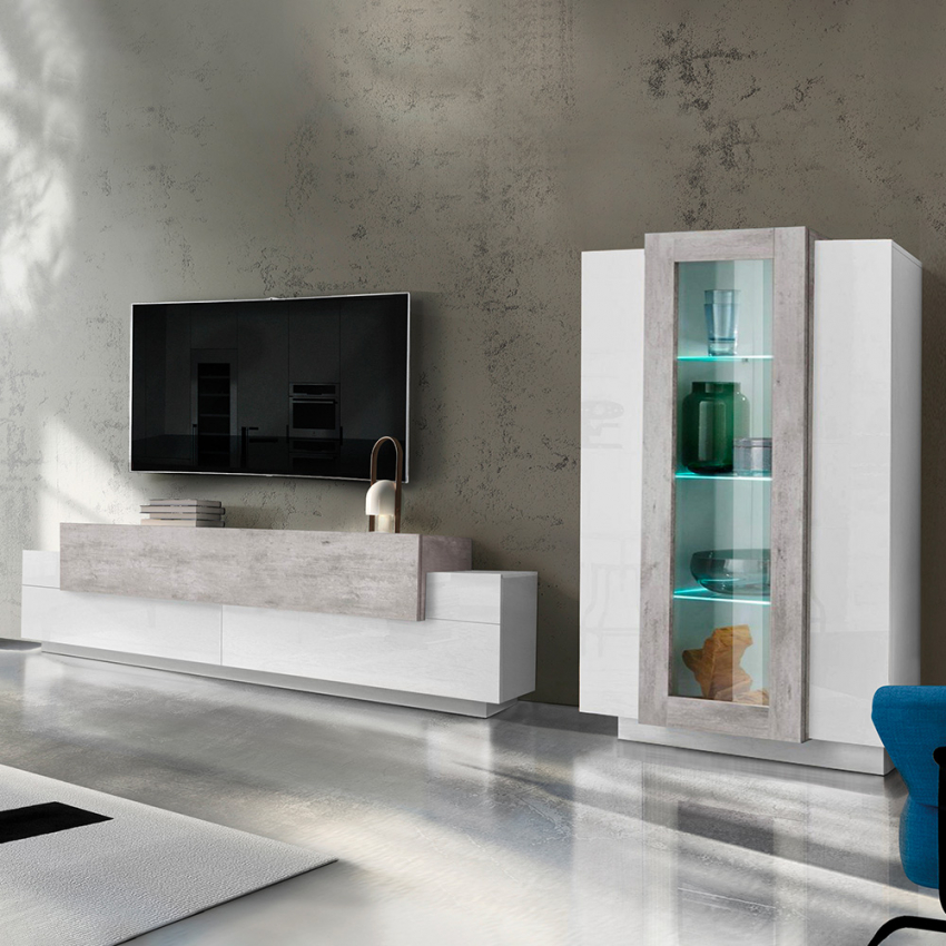 Wohnwand Weiß Grau TV-Schrank Vitrine Corona Aktion Wohnwand Weiß Grau TV-Schrank Vitrine Corona Aktion