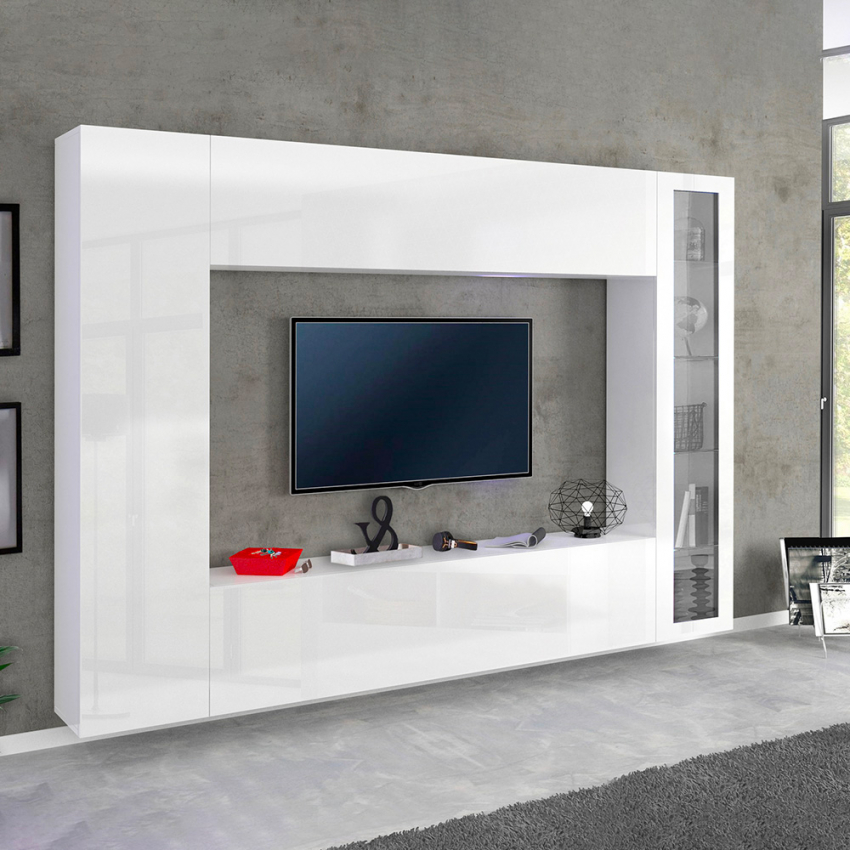 Wohnwand Joy Ledge - Weiß Hochglanz mit TV-Schrank und Hängeschrank mit Glasvitrine Aktion Wohnwand Joy Ledge - Weiß Hochglanz mit TV-Schrank und Hängeschrank mit Glasvitrine Aktion