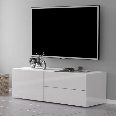 Design Wohnzimmer TV-Schrank mit 2 Schubladen 110cm glänzend weiß Metis