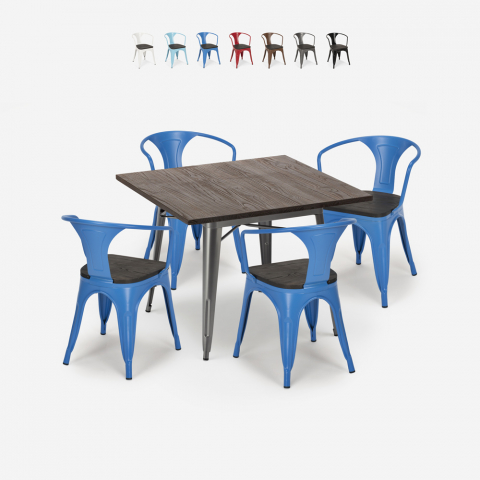 Set Tisch 80x80cm 4 Stühle tolix Industrie Stil Holz Metall Küche Hustle Wood Aktion