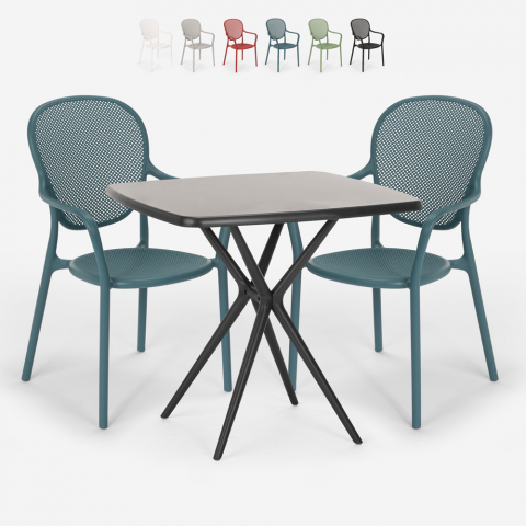 Set quadratischer Tisch 70x70cm schwarz 2 Stühle drinnen draußen Lavett Dark