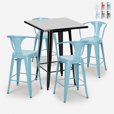  Set Hoher Tisch 60x60cm 4 Metallhocker schwarz tolix Bar Küche Bucket Black Aktion
