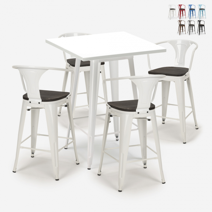 set 4 hocker hoch tisch 60x60cm aus metall bucket wood white Verkauf set 4 hocker hoch tisch 60x60cm aus metall bucket wood white Verkauf