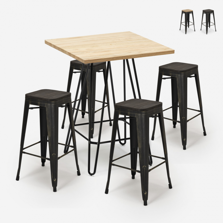 set 4 hocker hoher tisch 60x60cm holz industrieller stil bar küche oudin Aktion set 4 hocker hoher tisch 60x60cm holz industrieller stil bar küche oudin Aktion