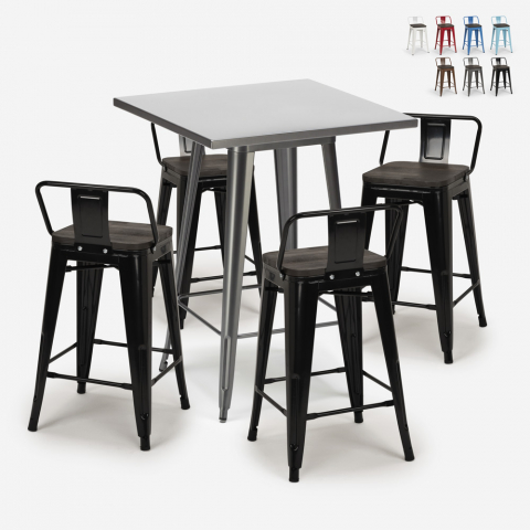 Set hoher Tisch 60x60cm 4 Hocker tolix Küche Bar Metall Holz Buch Aktion