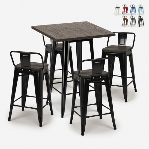 Set 4 tolix Hocker Tisch 60x60cm  industrieller Stil Holz Metall Peaky Black Aktion