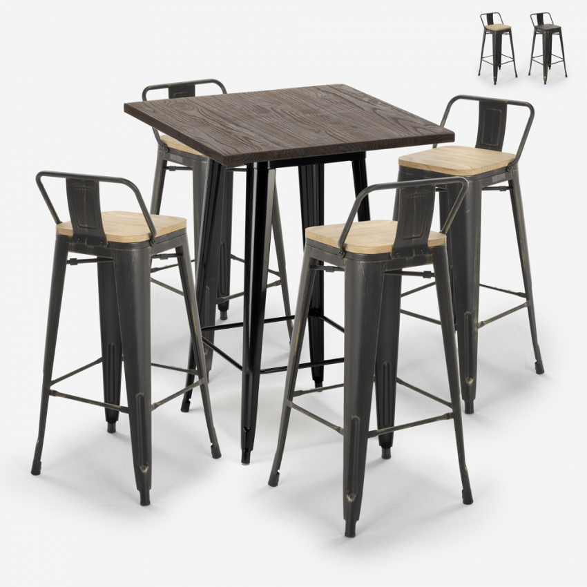 set 4 hocker hoher tisch 60x60cm vintage holz metall bar axel black Verkauf set 4 hocker hoher tisch 60x60cm vintage holz metall bar axel black Verkauf