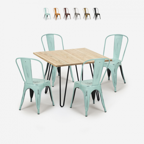 Set  Tisch 80x80cm  4 Stühle Küche Bar vintage Metall Holz tolix Hedges Light Aktion
