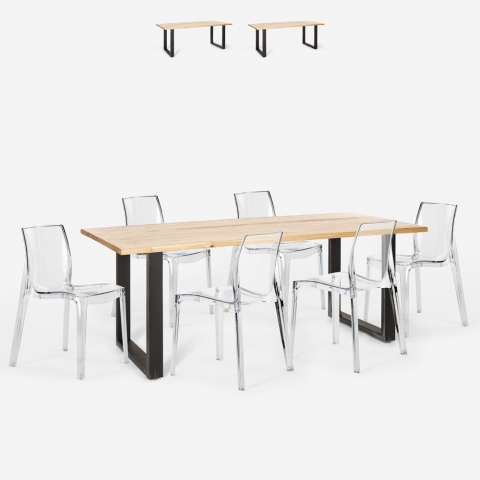 Küchenset Tisch 200x80cm Holz Metall Industrielles design 6 transparente Stühle Lewis