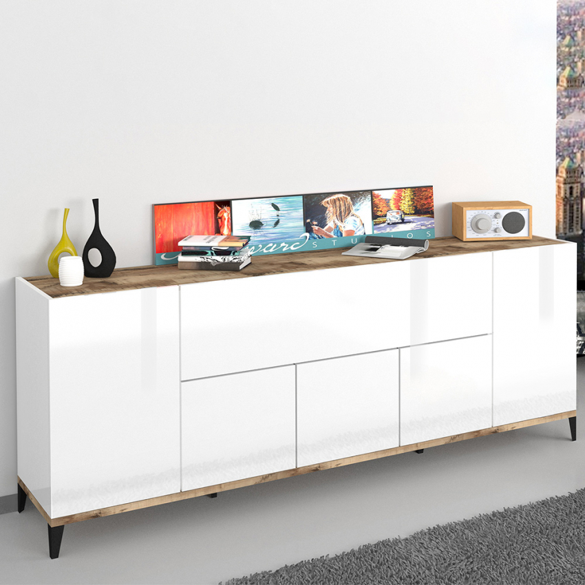 Moderne Design-Sideboard 200x40cm 5 Türen Klappfach Stephanie Wood Aktion Moderne Design-Sideboard 200x40cm 5 Türen Klappfach Stephanie Wood Aktion