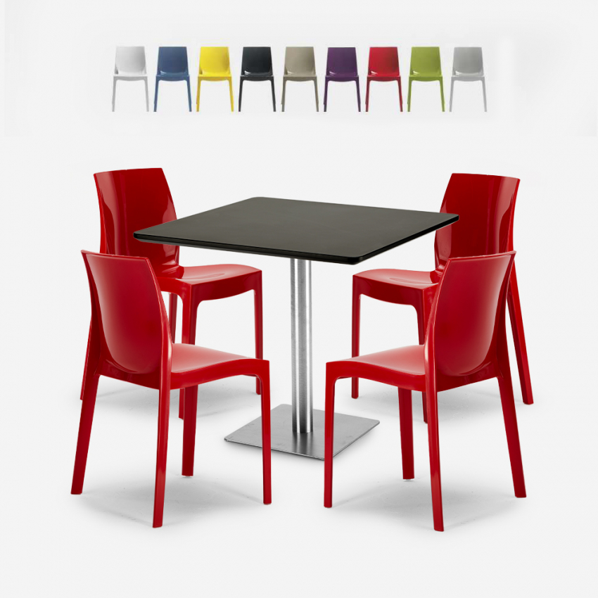 Set 4 stapelbare Stühle aus Polypropylen Horeca Tisch 90x90cm Yanez Schwarz Lagerbestand Set 4 stapelbare Stühle aus Polypropylen Horeca Tisch 90x90cm Yanez Schwarz Lagerbestand