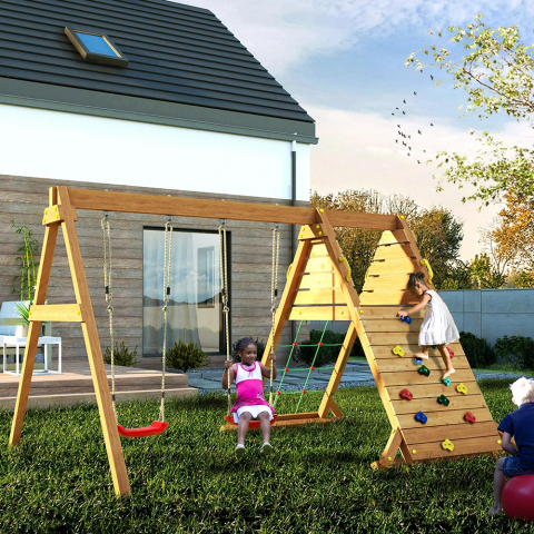Doppelschaukel mit Klettergerüst für den Garten – Holzspielplatz für Kinder Spider King Aktion