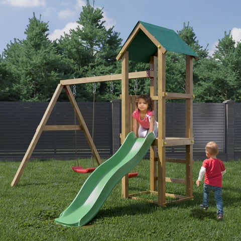 Holzspielplatz Lucas mit Rutsche und Doppelschaukel für den Garten Aktion
