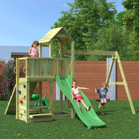 Spielturm mit Rutsche, Doppelschaukel & Kletterwand für Kinder Spielplatz Floppi Aktion