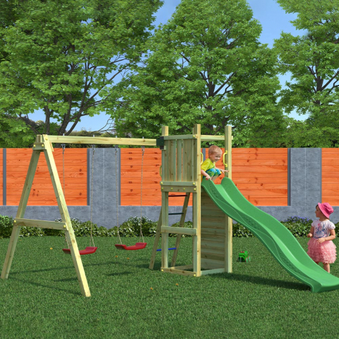 Gartenspielplatz für Kinder mit Rutsche, Doppelschaukel und Klettergerüst Funny-3 DS Aktion