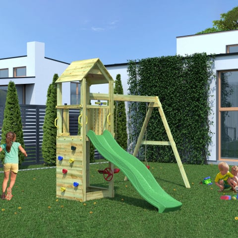 Gartenspielplatz aus Holz Kinder Turm Rutsche Doppelschaukel Flappi