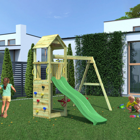 Holzspielplatz für Kinder mit Turm, Rutsche und Doppelschaukel Flappi Aktion