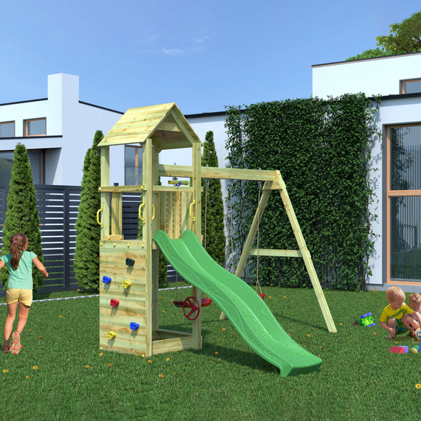 Holzspielplatz für Kinder mit Turm, Rutsche und Doppelschaukel Flappi Aktion Holzspielplatz für Kinder mit Turm, Rutsche und Doppelschaukel Flappi Aktion