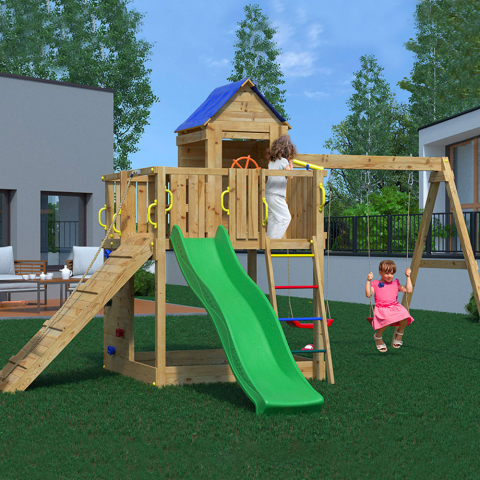 Klettergerüst mit Rutsche und Doppelschaukel für den Garten Treehouse Aktion