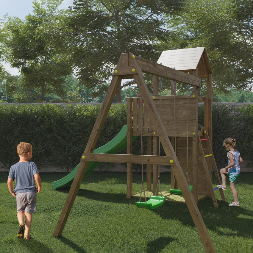 Holzspielturm mit Rutsche Schaukel Sandkasten Spielplatz Kinder Boomer Aktion Holzspielturm mit Rutsche Schaukel Sandkasten Spielplatz Kinder Boomer Aktion