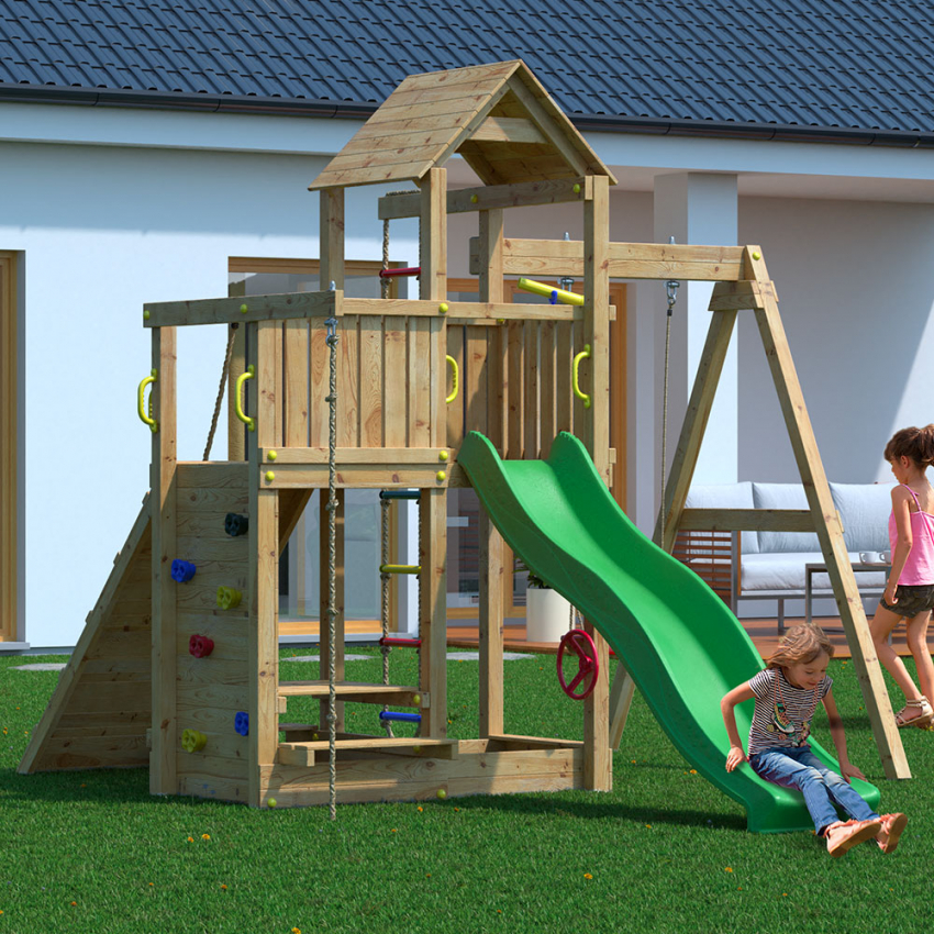 Holzspielplatz für Kinder mit Rutsche, Schaukel und Klettergerüst Activer Aktion Holzspielplatz für Kinder mit Rutsche, Schaukel und Klettergerüst Activer Aktion