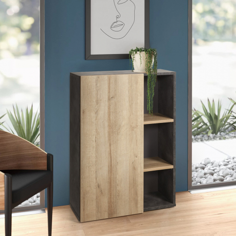 Kleines Bücherregal 3 Ablagen und Tür Grau Naturbelasses Eichenholz Design Core