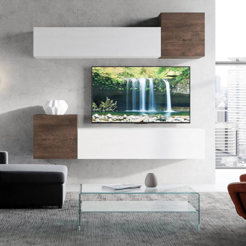 Wandregal mit 4 hängenden Schränken für TV, Wohnzimmer, weißes Holz A37 Aktion Wandregal mit 4 hängenden Schränken für TV, Wohnzimmer, weißes Holz A37 Aktion