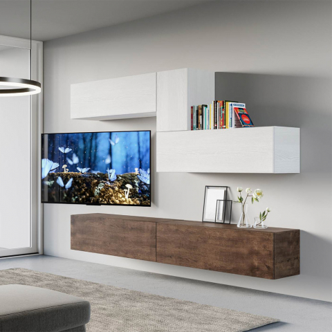 Hängender TV-Ständer weißes Holz modernes Wohnzimmer A04 Aktion