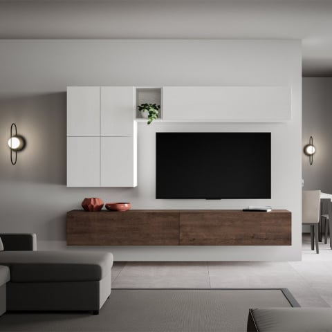 Modernes Wohnzimmer wandmontierter TV-Ständer weißes Holz A16 Aktion